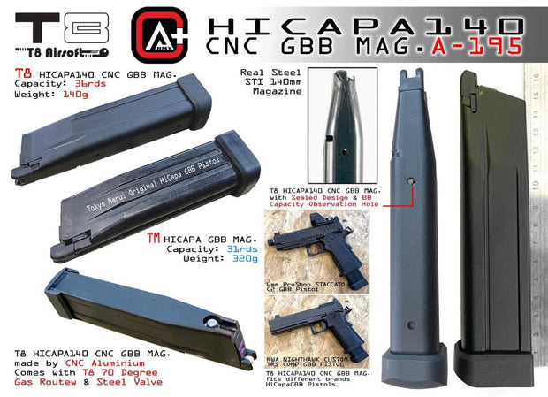 SP System T8 140mm CNC Aluminum Magazine for MARUI Hi-Capa GBB Airsoft