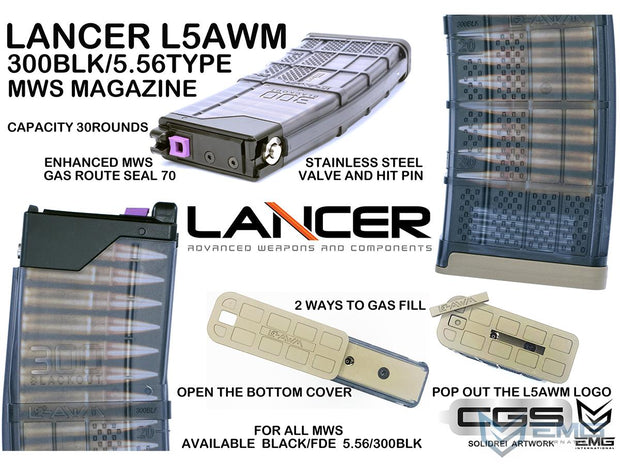 EMG Lancer Systems Licensed L5AWM 30 Rds MWs Gas Magazine for Marui TM MWS GBB Series ( 300BLK / 5.56 Type )