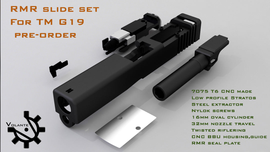 Volante Airsoft CNC 7075 Aluminum G19 RMR Cut Slide set for Tokyo Marui TM G19 GBB Series